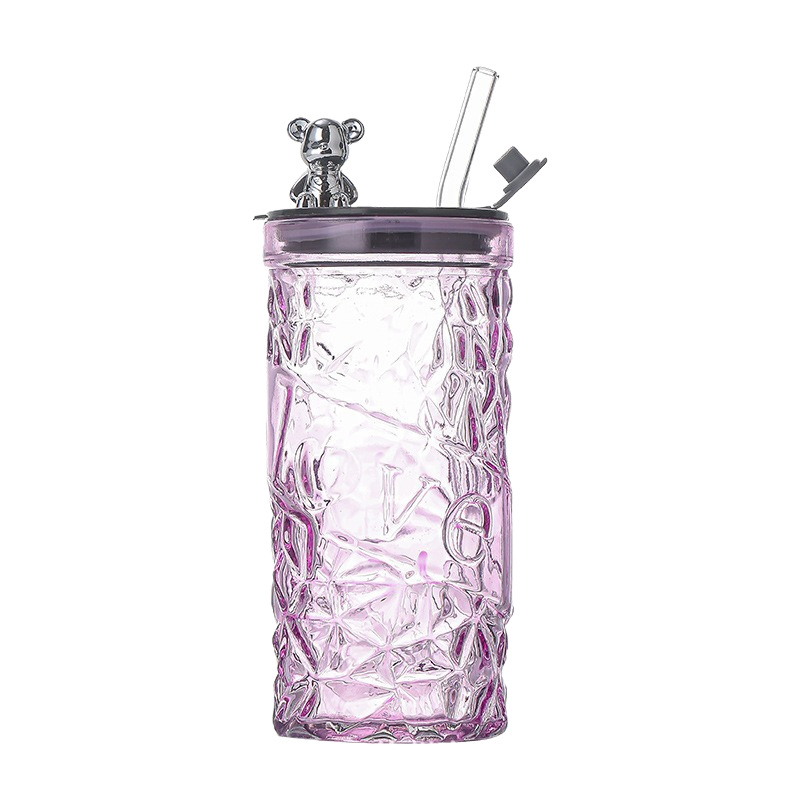 Portable Glass Water Cup with Bear Lid and Straw